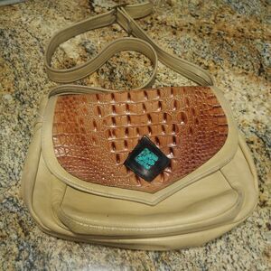 HANDMADE VINTAGE BEIGE LEATHER & ALLIGATOR W REAL TURQUOISE BAG PURSE